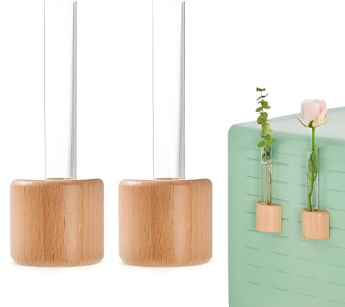 2 Stück Kreative Kühlschrankmagnete, Mini Magnetisch Hydrokultur Vasen, Kunststoffe Reagenzgläser für Blumen mit Magnete, Holz Kleine Blumenvase für Büros, Schlafzimmer (Gelb 1)