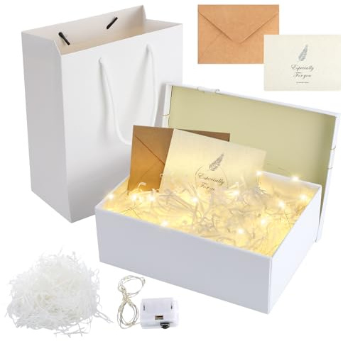 Geschenkbox mit Deckel, 22,5x16x8,5cm Weiß Geschenkkarton, Geschenkbox mit Schleife, Geschenkboxen Set mit Raffia, Grußkarten, Licht und Tragetasche für Hochzeit Geburtstag Weihnachten