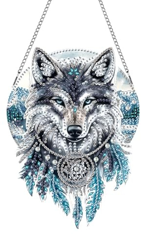 MOMAKA Traumfänger Wolf Diamond Painting Fensterbilder, Diamond Painting Anhänger, Diamond PaintingTier, Diamant Painting mit Kette, Wandbehang Kits für Fenster Wand Eingang Garten Decor 20x20cm