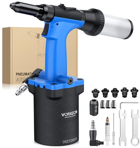 VORXEON Pistola de remaches de aire comprimido Set Pistola de remaches ciegos Herramienta Tenaza remachadora Pistola de remaches 1400KGF Con 5 boquillas (2,4mm 3,2mm 4,0mm 4,8mm 6,4mm) Pistola de