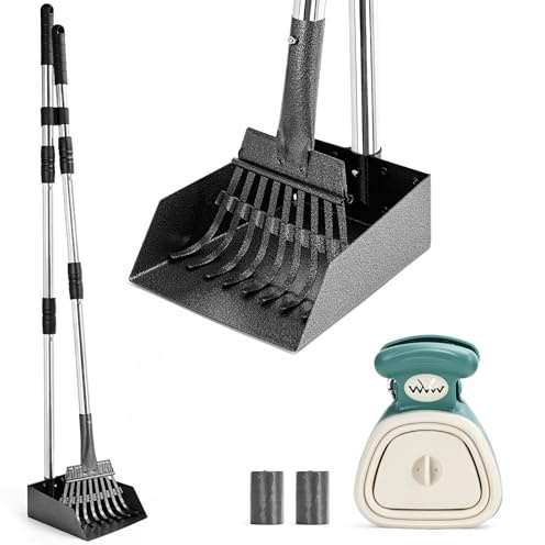 lychee Heavy Duty Stainless Metal Dog Pooper Scooper Tray and Rake Set for Yard- Portable Pooper Scooper for Small to Medium Dogs, Adjustable Long Handle,Rust-Proof, with Bag Attachment, Leash Clip