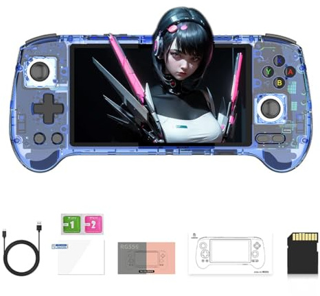 SpedUpX Console di gioco portatile retrò RG556, schermo AMOLED da 5,4 pollici, processore Android 13 System Unisoc T820, risoluzione 1080 x 1920 8 GB LPDDR4X batteria integrata da 5500 mAh (blu/256G