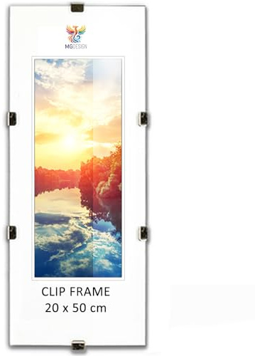 MG Design Cadre à clips 20 x 50 cm – cadre sans bordure en plexiglas pour photos, posters et puzzles – suspension verticale ou horizontale