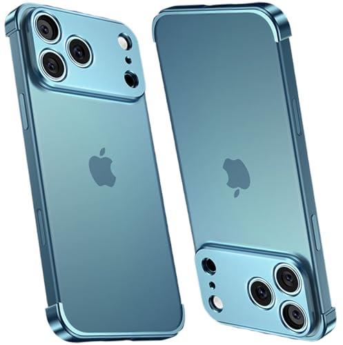 Coque Antichoc en Métal sans Cadre pour iPhone 17 Pro Max/17 Pro, Cadre Ultra-Fin en Alliage D'Aluminium avec Coins Antichoc, Protection de L'Objectif de L'Appareil Photo-Blue||17 Pro