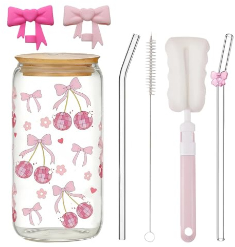 7 Pcs Bow Glass Cup Set, Glass Straws Drinking Cup with Lided Pink Bow Straw Cup Brush and Straw Brush, Cute Mugs Suitable for Making Milk Tea Coffee Milk Juice