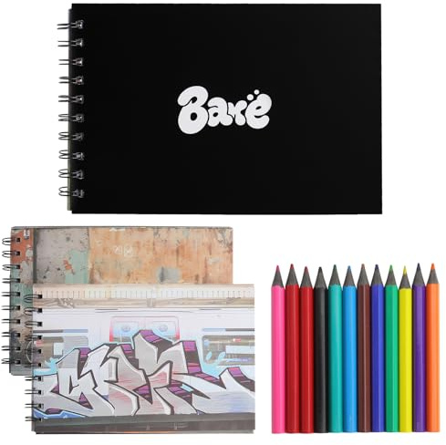 SLIAXINT Graffiti - Cuaderno de bocetos (200 kg, papel reciclado, sin dibujos, 180 imágenes, libro de dibujo urbano con 12 lápices de colores para principiantes, adultos, creatividad)