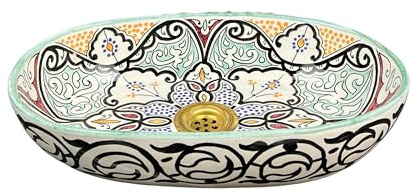 Brassatelier Handmade Moroccan Ceramic Vessel Sink - Multicolor Floral Oval Countertop Basin - Boho Eclectic Hand-Painted Washbasin for Vanity (43x30cm = 17x12in)
