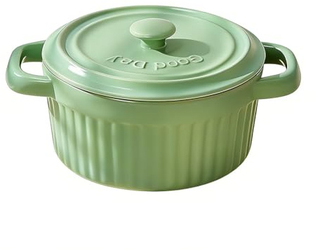 Mini Cocotte con tapa, fuente de cerámica con asas y tapa, moldes redondos con tapa para lasaña, soufflé, crema brûlée, postre, para microondas y horno (verde, L-400 ml, 1 pieza)