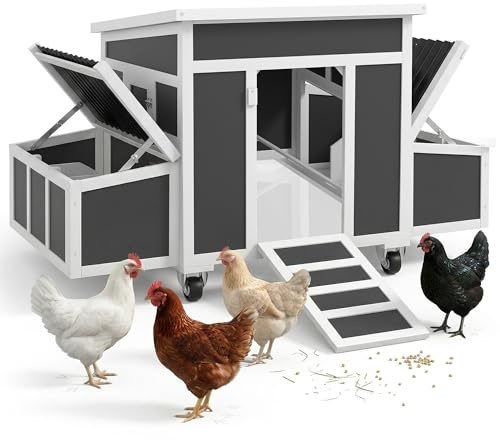 PawHut Pollaio in Legno con 2 Nidi, Ruote Grande Ø7.5cm, Pollaio per Galline Esterno con Tetto Ondulato Apribile Impermeabile, Vassoio Estraibile, Casetta per 2-4 Galline, Anatra, 147x94x90cm, Grigio