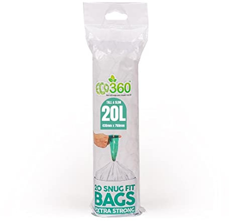 EcoBag - 20 Pack White Kitchen Drawstring Bin Liner - 20L - 24 Microns - Heavy Duty, Extra Strong, Brabantia Compatible, Eco-Friendly, Tear Resistant, Clear Recycling Bags (420 x 760mm)