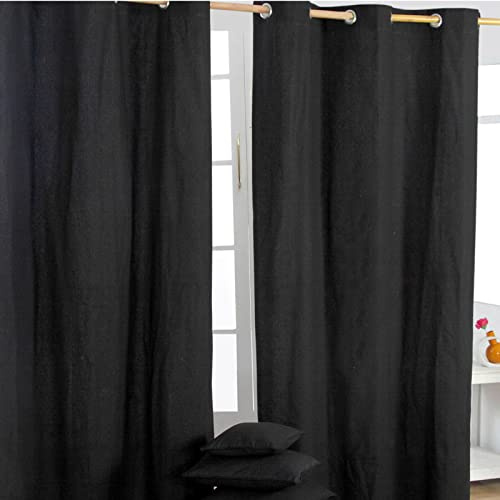 Homescapes 2er Set eifarbige Ösen Gardinen je B137 x L228 cm aus 100% Baumwolle, blickdichte Vorhänge/Dekoschals/Ösenvorhänge für Wohnzimmer oder Küche, schwarz