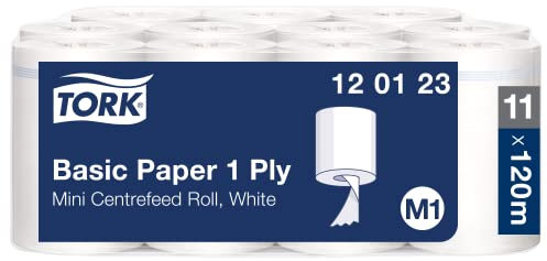 Tork 120123 Standard Papierwischtücher für M1 Mini Spender mit Innenabrollung - Wischtücher aus Papier in Weiß, 1-lagig & ungeprägt - 11 Rollen x 120 Meter, unperforiert (21,5 cm)