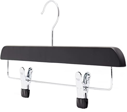 The Hanger Store 10 Trouser Hangers with Clips, Skirt Hangers, Black Wooden | Non-Slip Rubber Dipped Adjustable Clips, 360 Degrees Swivel Hook, Coat Hangers for Clothes, Skirts, Trousers, Jeans, Towels