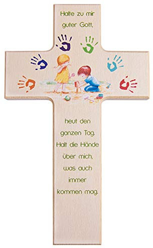 Fritz Cox Kreuz für Kinder aus Holz, natur | Gott beschütze mich | spielende Kinder unter einem Regenbogen von bunten Händen | Taufgeschenk für Jungen & Mädchen | 15cm