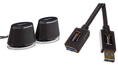Amazon Basics - PC-Lautsprecher mit dynamischem Sound, USB-Betrieb, Schwarz, 1 Paar & USB 3.0-Verlängerungskabel (A-Stecker auf A-Buchse) 3 m (Abwärtskompatibilität zu USB 2.0 und 1.1)