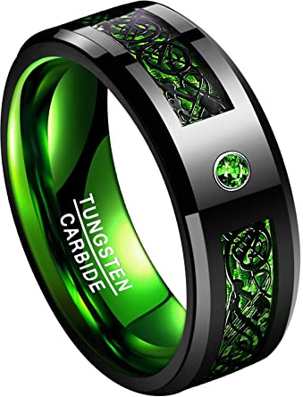 TUNGSTORY 8mm Mens Wedding Ring Black Celtic Dragon Green Carbon Fiber Inlay Tungsten Carbide Engagement Band Size 11