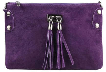 Made in Italy Damen Leder Clutch Tasche Wildleder Handtasche Umhängetasche Ledertasche Schultertasche Beuteltasche Fransen Cross-Over Lila