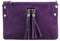 Made in Italy Damen Leder Clutch Tasche Wildleder Handtasche Umhängetasche Ledertasche Schultertasche Beuteltasche Fransen Cross-Over Lila