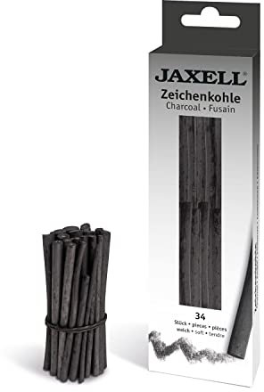 JAXELL 48239 Zeichenkohle-Sortiment in Künstlerqualität, Härtegrad weich, 34 Zeichen-Kohlen in halber Länge ca. 7,5 cm, 28x Durchmesser 3 - 5 mm, 6x Durchmesser 5 - 8 mm, Schwarz