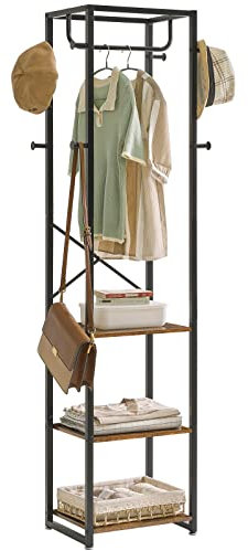 IBUYKE Garderobenständer, Kleiderständer mit 3 Ablagen und 8 Haken, Freistehende Garderobe, Industrie-Stil, für Schals, Taschen, Regenschirme und Boxen, Vintagebraun-schwarz TMJ088H