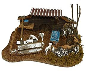 Generico Scenario FATTORIA GRANDE con tettoia COMPLETA con pecorelle recinto in Miniatura per Presepe 25 x 19 x h.11 cm Stalla in legno soggetti Presepio Animali da Cortile