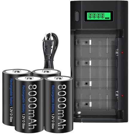 Rechargeable D Batteries with Charger, Universal Battery Charger for AA AAA 9V D C Rechargeable Battery Cell with 4 Pack NiMH D Size Batteries