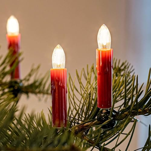 hellum Kerzen Lichterkette innen LED-Filament Wachstropfen rot, 20 Kerzen | Made in Germany warmweiß, Weihnachtsbeleuchtung mit Clip, 13,30m beleuchtet, Kabel grün, teilbarer Stecker <59lm 814064
