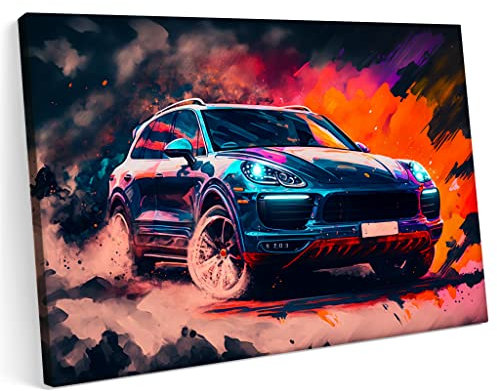 Printonia Bilder Leinwandbild 120x80cm Porsche Cayenne Turbo Car Sport SUV Terrain Race Abstrakte Kunst Art Neon