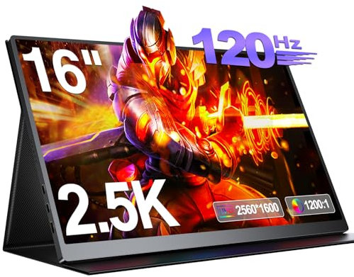 EVICIV Portable Monitor 16 Zoll 2,5K 120Hz Tragbarer Display mit VESA und Schutzhülle, 2560 * 1600 1200:1 500 Nits 16:10 IPS Metallgehäuse Gaming Bildschirm mit 3-Seiten-Schmalrand USB C Mini HDMI