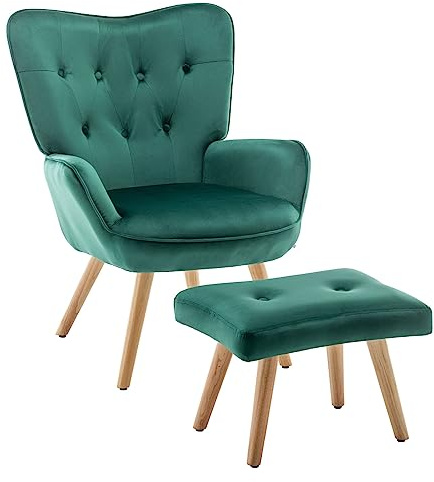 HollyHOME Poltrona con Poggiapiedi Salotto Velluto Poltrona da Lettura Relax Sedia Camera da Letto con Braccioli, Verde