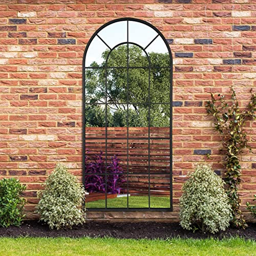 MirrorOutlet The Arcus - Black Framed Window Modern Full Length Arched Garden Mirror 71 X 33.5 (180CM X 85CM) Silver Mirror Glass with Black All weather Backing.