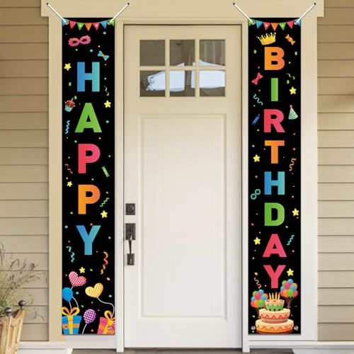 Koliphy Geburtstag Deko, Happy Birthday Banner, Geburtstag Tür Banner für Männer Frauen, Verdicken Stoff Geburtstagsbanner Dekoration für Drinnen Draußen, 180x30cm, Schwarz Bunt