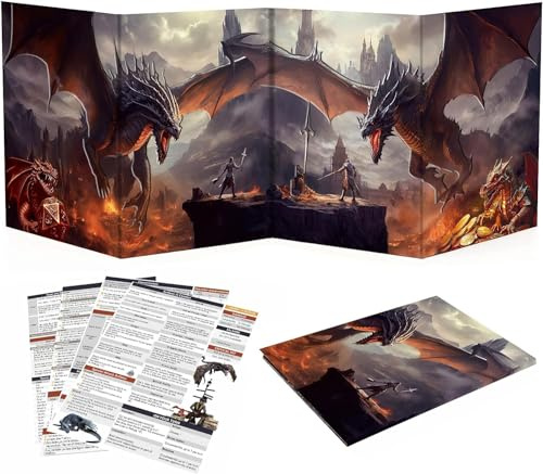 Haxtec DM-Bildschirm mit 5E-Regel-Einlagen, Geschenk für DND Spielleiter | Faltbarer DM-Bildschirm mit Drachen-Motiv, klaren Sichtfenstern & UV-Lackierung, perfekt für D&D & TTRPG Spieler