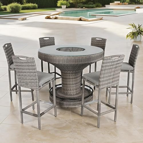Rattan park Cambridge Aluminium Rattan Garden Furniture Round Outdoor Garden Bar Set with Ice Bucket and 6 Bar Chairs in Stone Browne Grey Weave
