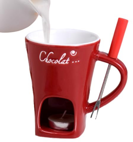 HUNYA 130ML Personal Chocolate Fondue Mug Set, Tabletop Fondue Mug, Ceramic Butter Warmer Mug with Fork, Fondue Pot Chocolate Mug, for Cheese Chocolate Butter Caramel(No Candle)