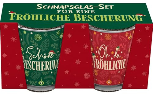 GRUSS & CO Schnapsglas-Set Motiv Fröhliche Bescherung | Geschenkset bestehend aus 2 Schnapsgläsern, je Glas 6 cl, mit farbigem Druck | lustiges Geschenk, Männergeschenk | 51153