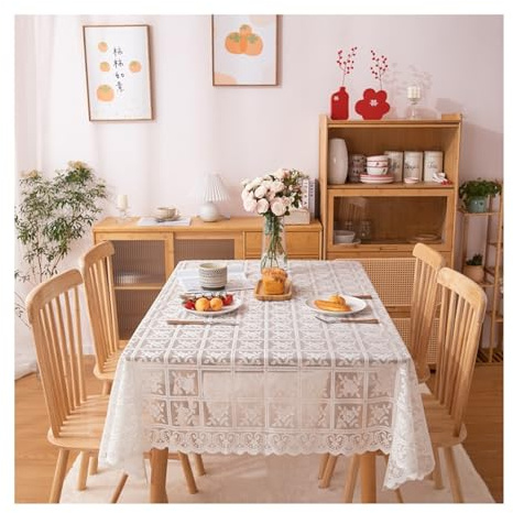 Lieson Rechteckige Tischdecke 140x140 cm, Polyester Tischwäsche Abwaschbar Spitze Jacquard Blume Quadratisch mit Gewellterrand Tischwäsche für Esszimmer, Balkon, Garten, Beige Weiß
