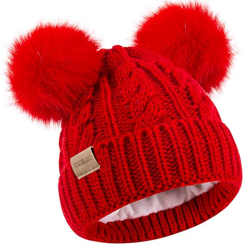 Tontuland Kids Winter Beanie Kids Warm Knitted Fleece Lined ski pom-pom Warm Knitted hat for Boys & Girls 3-9 Years Red