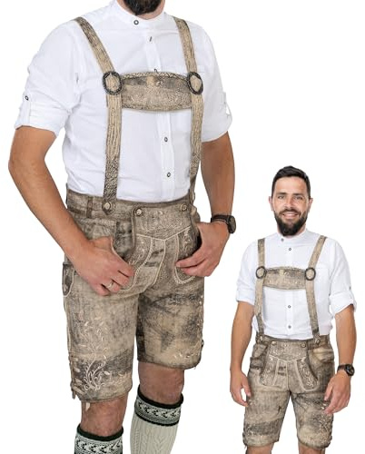 Schöneberger Trachten Couture Herren Lederhose kurz Antik mit Hosenträger, Trachtenlederhose für Oktoberfest, Original Nubuk-Leder Trachtenhose grau-braun Stephan (50)