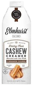 Elmhurst 1925 Cinnamon Churro Cashew Creamer – Vegan Cashew-Based Coffee Creamer with Cinnamon Notes – Smooth & Versatile – Perfect for Coffee, Tea, Desserts & More – 750 ml