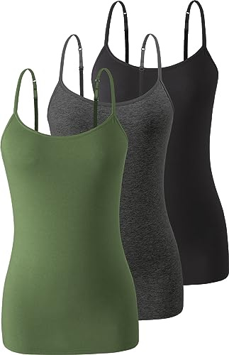 Komfokore 3 pezzi Canottiera da donna con reggicalze in cotone canotta regolabile Spaghetti Strap Top, nero/grigio scuro/verde militare, M