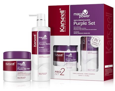 Karseell Mascarilla Pelo Violeta y Champú Violeta, Reparación del Cabello Teñido Iluminar el cabello Para Pelo Rubio, Gris, Canas, 2 x 500ml