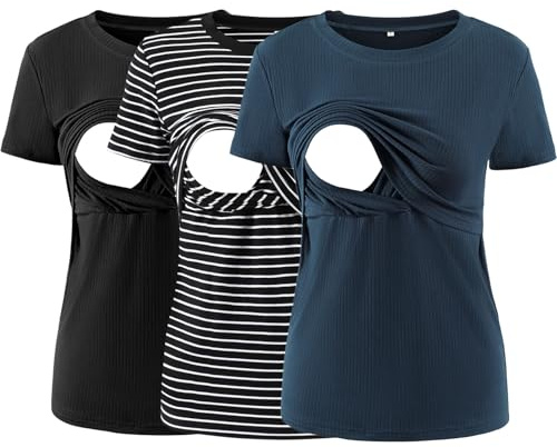 Love2Mi Pack of 3 Women's Nursing Shirts, Ribbed Short Nursing Tops, Black/Black White Striped /Royal Blue, L