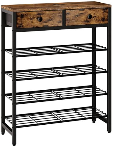 IBUYKE Scarpiera con 5 Ripiani, Scaffale Portascarpe con Ripiano per 12-16 Paia di Scarpe, Salvaspazio Scarpiera in Metallo con 2 Cassetti per Ingresso Corridoio Soggiorno, Marrone Rustico TXJ041H