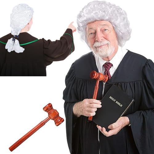 JISRKP 2-Piece Judge Wig And Judge Gavel Set, Formal Judges Wig And Wooden Hammer, Barrister Wig For Court Costume And Role Play