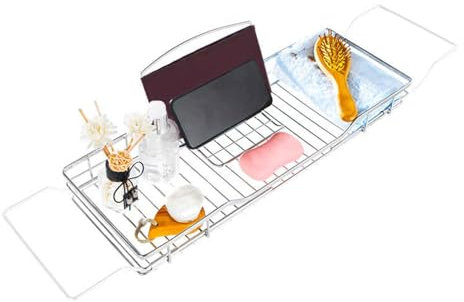 Vllentin Bandeja baño Extensible,Mesa para bañera,Bandeja para bañera,Extensible 67-100 cm,Acero Inoxidable,Puede Colocar Copas de Vino,Velas,Libros,Artículos de Baño