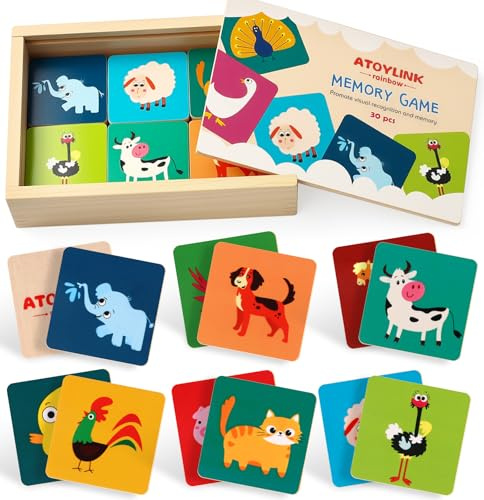 Atoylink Holz Memory Spiel Montessori Spielzeug, Memory Tiere Holzspielzeug mit 30 STK Holzkarten, Lernspiele Montessori Spielzeug Geschenke für Kinder Jungen Mädchen 2 3 4 5 Jahre
