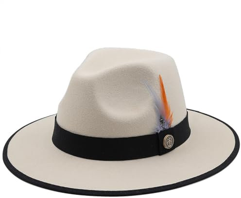 WUFANGBU Fedora Trilby Filzhut Hut Einfarbige Federband Filzhut Party Modische Flache Traufe Jazz Zylinder M (56-58Cm) Beige