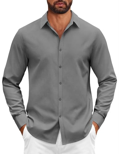 COOFANDY Camisa de Manga Larga de Algodón Elástico con Botones para Hombre para Boda Corte Cómodo Gris Medio M