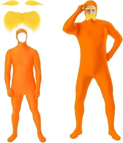 Orange Jumpsuit Morph Suit Costume Adult Yellow Moustache Fake Beard and Eyebrows Full Body Open Face Fancy Dress Costume Accessories Bodysuit Cosplay for Men Parties